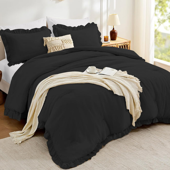 FUANNA Queen Comforter Set Beige 3 Pieces, Ruffle Shabby Chic Queen Bed Set, Fluffy Lightweight Soft Bed in a Bag Queen for All Seasons, Farmhouse Bedding Comforter Sets(1 Comforter & 2 Pillowshams)
