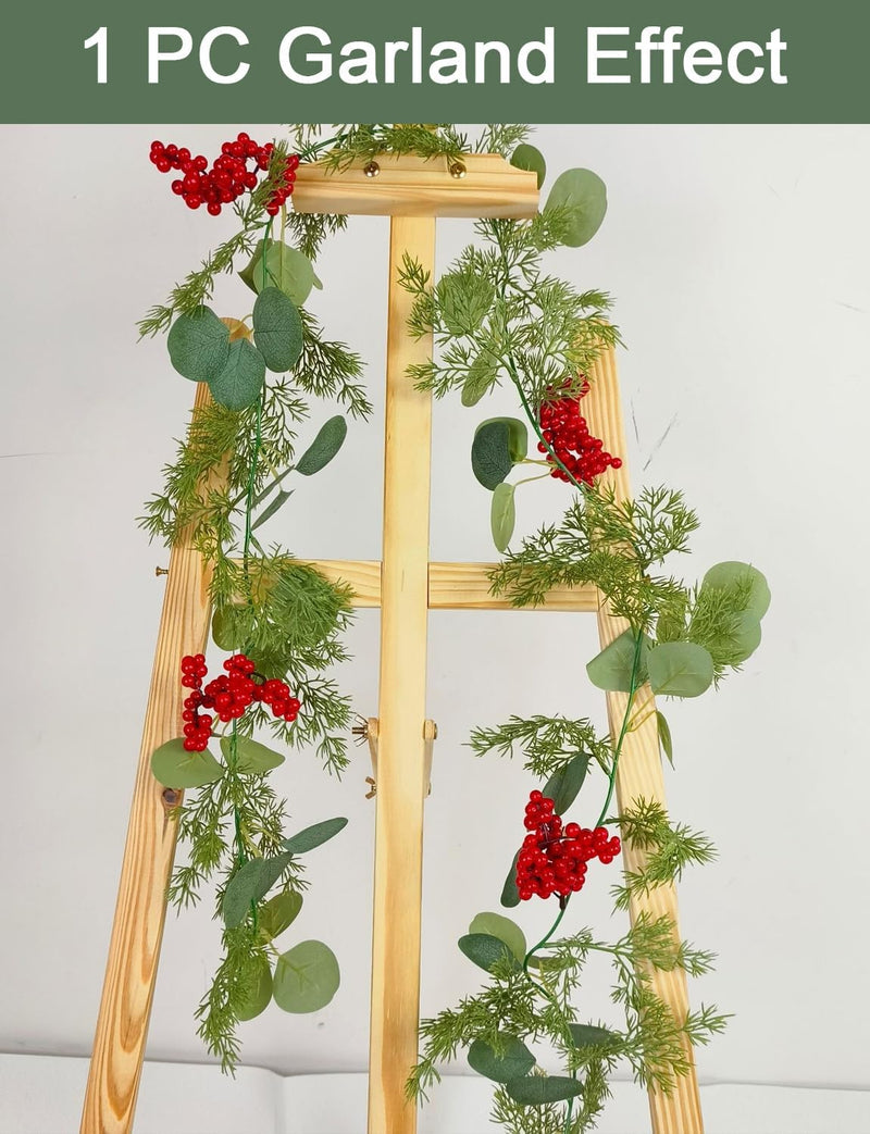 5.9 Feet Eucalyptus Leaves Red Berry Norfolk Pine Christmas Greenery Garland for Table, Mantle, Wall, Indoor, Outdoor Christmas Decorations
