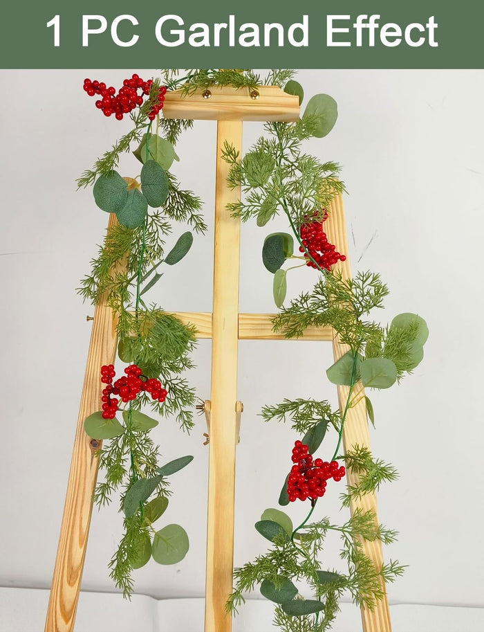5.9 Feet Eucalyptus Leaves Red Berry Norfolk Pine Christmas Greenery Garland for Table, Mantle, Wall, Indoor, Outdoor Christmas Decorations