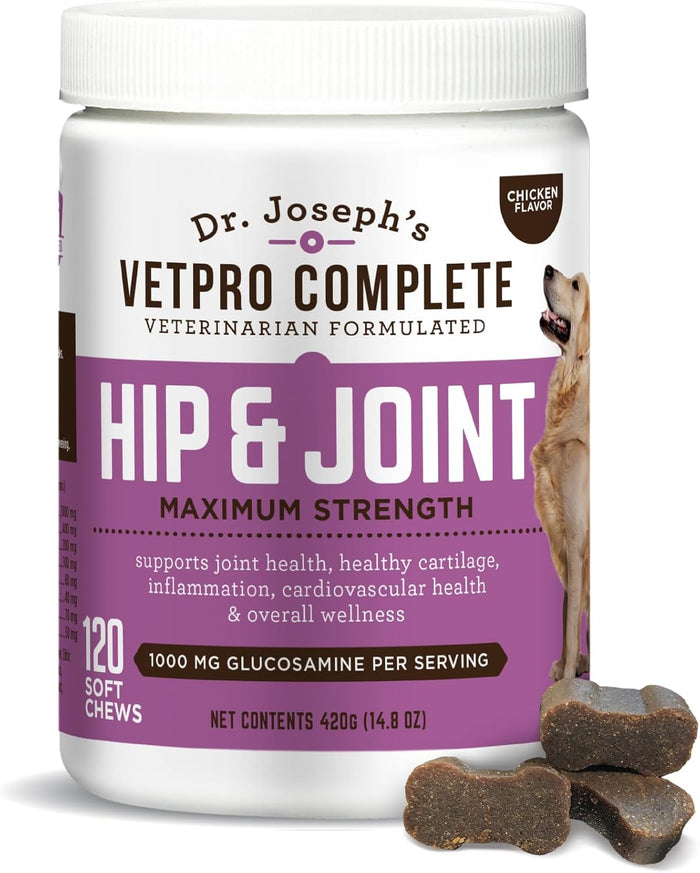 VetPro Complete Dr. Joseph's Peanut Butter Hip and Joint Dog Chews, 60 Count, Pain and Inflammation Relief with Glucosamine, Chondroitin, MSM, Turmeric, Vitamin C, Omega 3, Treats Hip Dysplasia