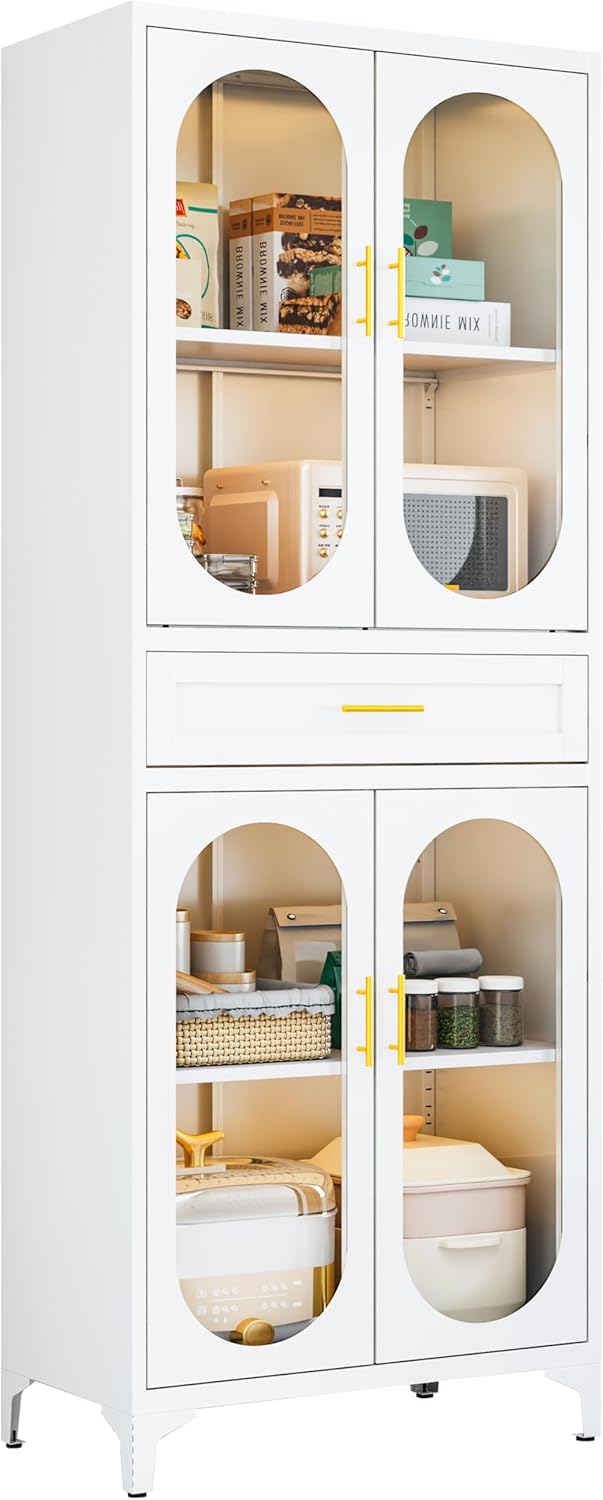 75” Tall Kitchen Pantry Storage Cabinet, Metal Storage Cabinet with 1 Drawer and Adjustable Shelves, Kitchen Pantry Cupboard, Freestanding Cupboard for Bathroom, Living Room (White-Glass Door)