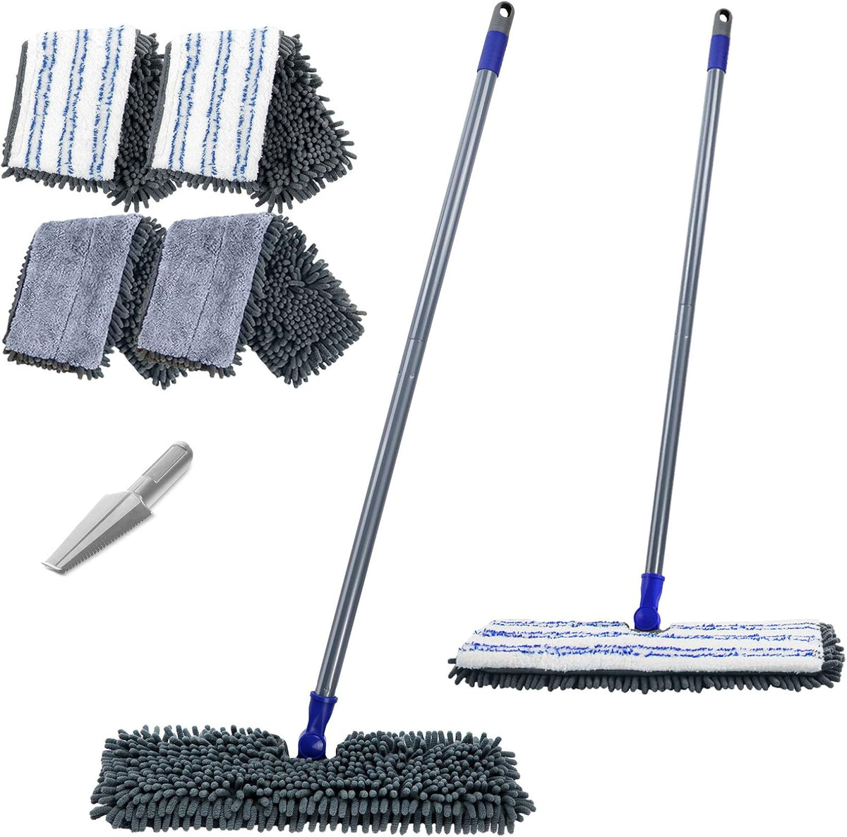 Masthome Extra Large Microfiber Mop for Floor Cleaning, 16“ Flat Mop with 5 Pad for Wet & Dry Use, Dust Mop for Hardwood Laminate Tile Ceramic, 1 Cleaning Scraper Included-Blue