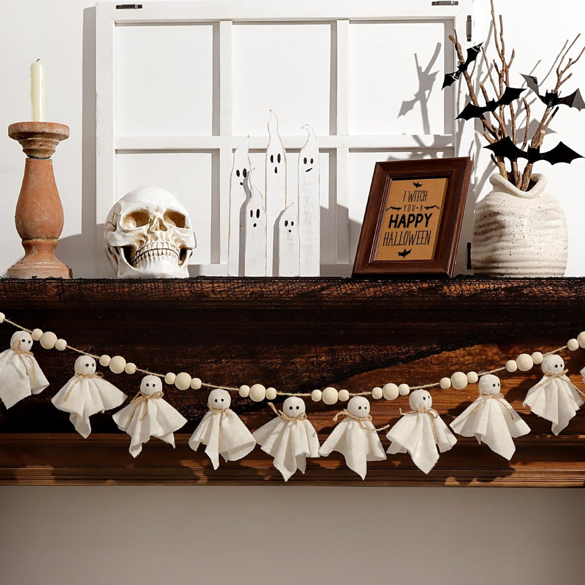 7Ft Cute Halloween Ghost with Wooden Beads Garlands, Handmade Rustic Halloween Banner for Wall Home Indoor Outdoor Spring Decor Supplies, White