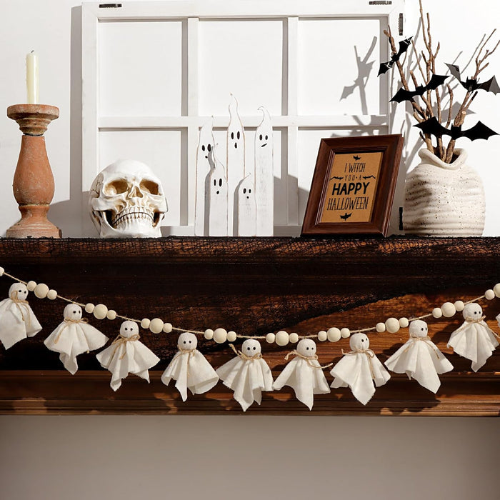7Ft Cute Halloween Ghost with Wooden Beads Garlands, Handmade Rustic Halloween Banner for Wall Home Indoor Outdoor Spring Decor Supplies, White