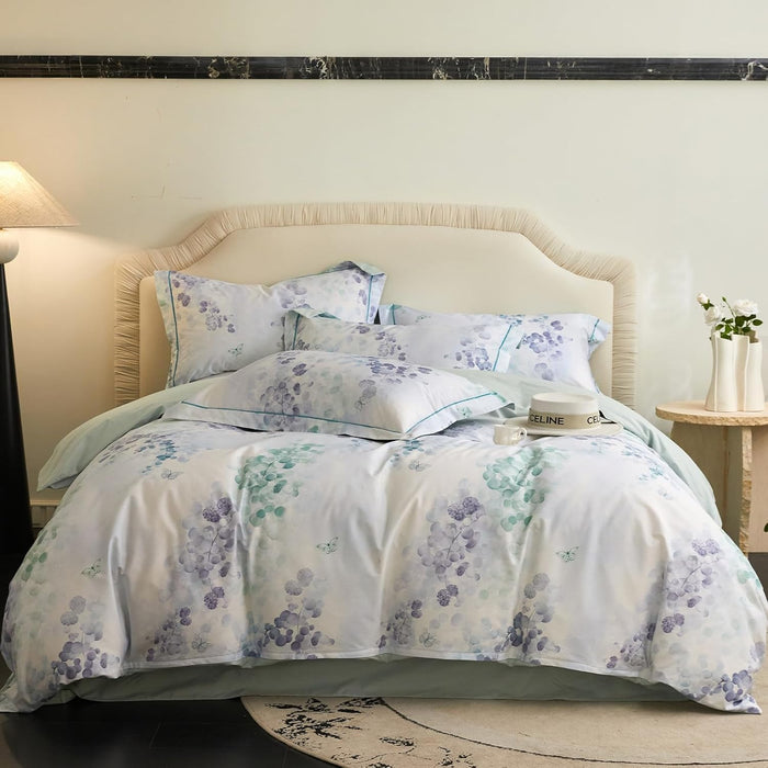 VM VOUGEMARKET Linen Cotton Jacquard Duvet Cover Queen,3 Pcs Yarn-Dyed Textured Duvet Cover Set Green Purple Floral Bedding Breathable, Natural Wrinkled Look-No Comforter