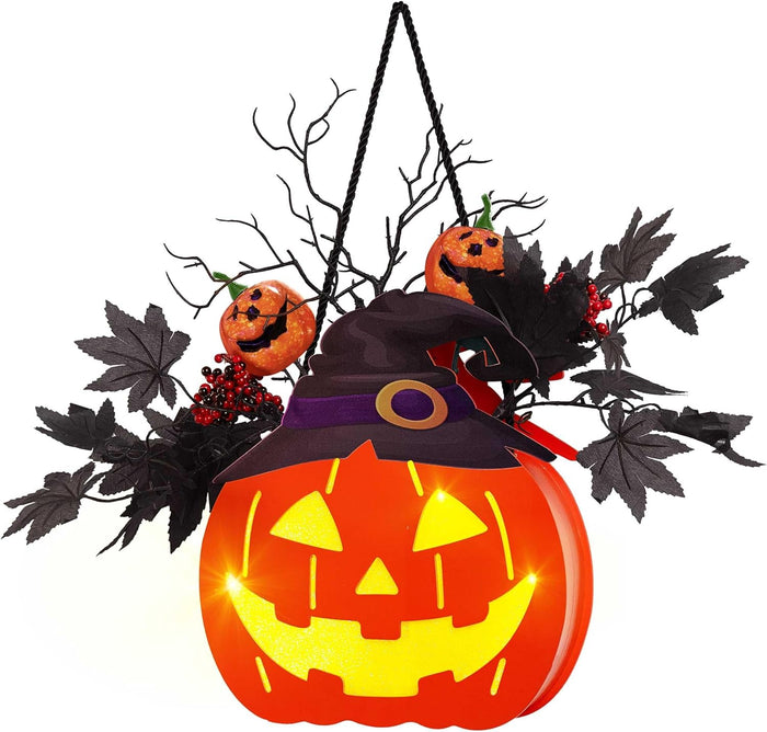 BlcTec Halloween Pumpkin Lights, 10 inch Lighted Big Halloween Wooden Pumpkin with Maple Leaves, Berries, Twigs, Witch's Hat, Battery Operated Lights with Timer for Halloween Decorations, Style A