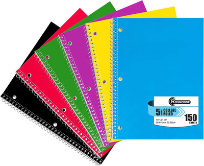 Rosmonde Spiral Notebook, 12 Pack, 1 Subject, College Ruled, 70 Sheets, 8 x 10-1/2", 3 Hole Punched, Bulk College Ruled Notebooks for School, Single Subject Spiral Notebook Bulk, Assorted Colors
