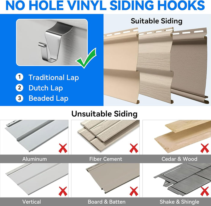 MIUKAA No Hole Vinyl Siding Hooks (12-Pack), Sturdy Hooks for Hanging Outdoor Decor, House Hanger for String Lights & Wreath