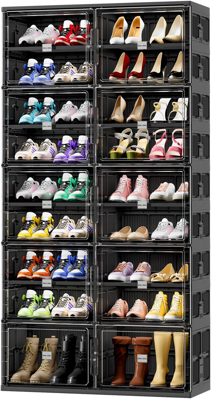 JEKO&JEKO 8 Tiers Foldable Shoe Rack Organizer Cabinet for Closet Entryway, Large Collapsible Shoe Storage Box with Magnetic Doors (Black)