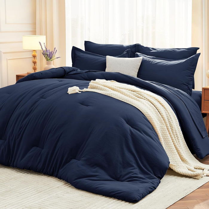 MUXHOMO 7 Pieces Queen Comforter Set, Soft Bed in a Bag Queen Size, All Season Bedding Set with Comforter, Flat Sheet, Fitted Sheet, Pillowcases & Shams, Ivory