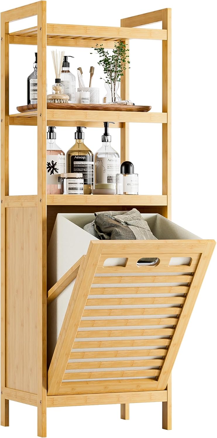 HITNET Tilt Out Laundry Hamper, Bamboo Bathroom Cabinet with Pull Out Removable Bag and 3 Tier Storage Shelves, 8.5 Gallon Clothes Basket with Metal Handle, Black