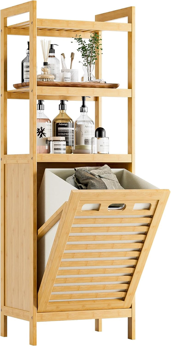 HITNET Tilt Out Laundry Hamper, Bamboo Bathroom Cabinet with Pull Out Removable Bag and 3 Tier Storage Shelves, 8.5 Gallon Clothes Basket with Metal Handle, Black