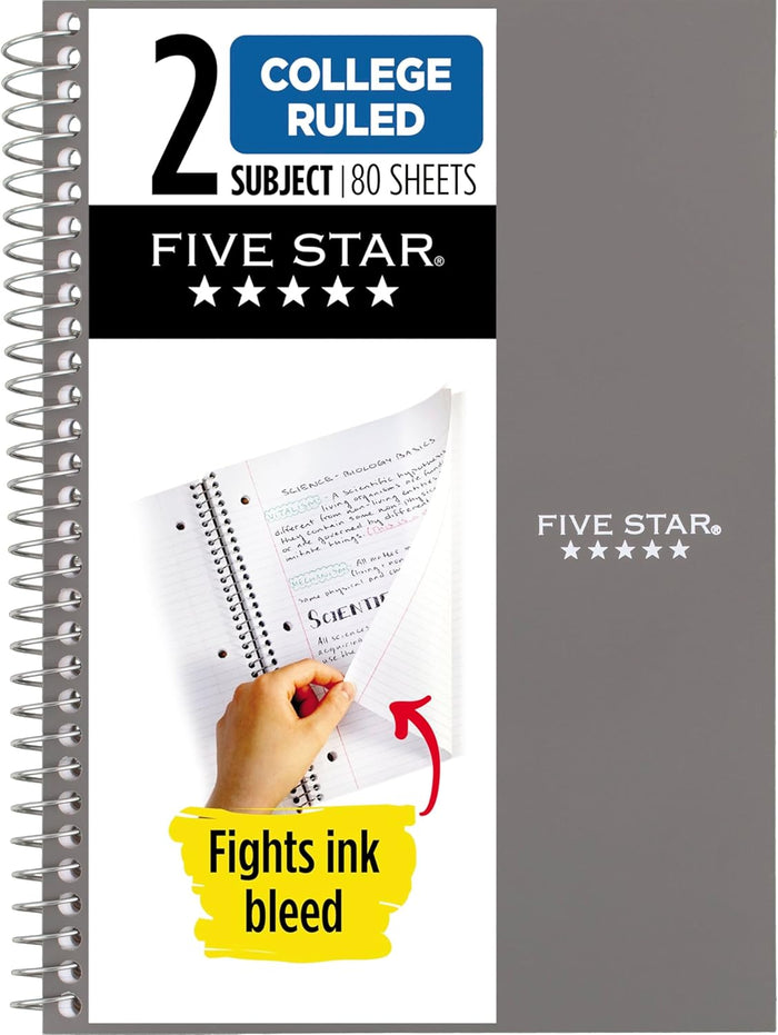 Five Star Spiral Notebook, 2 Subject, College Ruled Paper, 6" x 9-1/2", 80 Sheets, Fights Ink Bleed, Water Resistant Cover, Tidewater Blue (840029CG1-ECM)