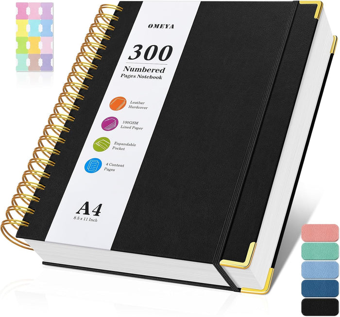 Spiral Notebook 8.5" x 11", 300 Numbered Pages Notebooks College Ruled with Contens, 100GSM Thick Journal for Women Men, Hardcover Leather Lined Journal for Writing, Large A4 Notebooks for Work School