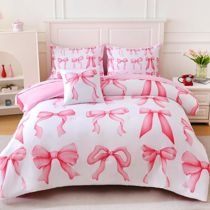 6 Pieces Twin Comforter Sets with Sheets Pink Bed in a Bag for Girls,Bow Comforter Set,Bow Twin Bedding Sets for Kids