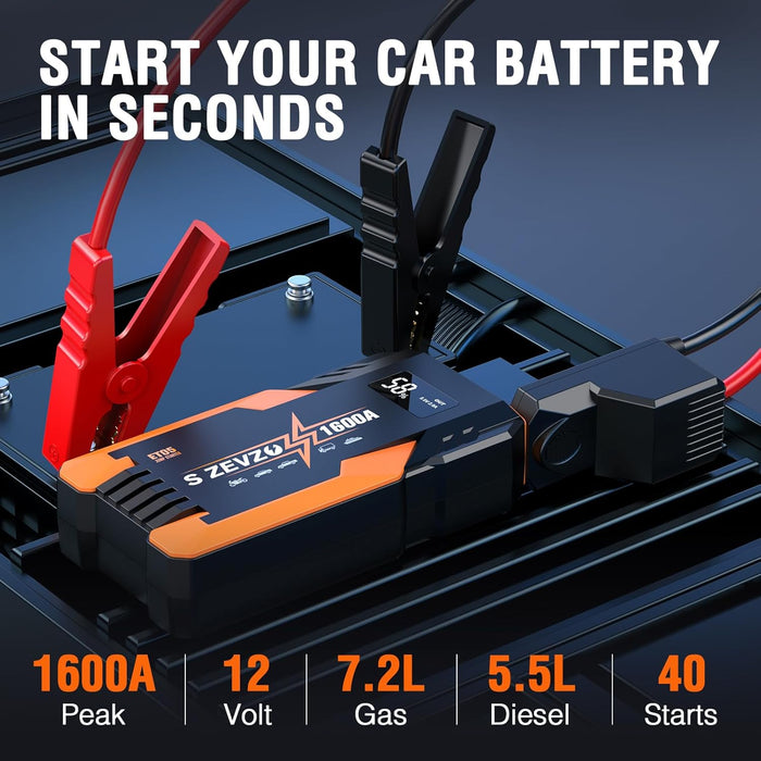 S ZEVZO ET05 Jump Starter 1600A Portable Car Jump Starter Battery Pack for Up to 7.2L Gas and 5.5L Diesel Engines 51.8Wh 12V Jump Box with USB Ports, LCD Display and LED Light