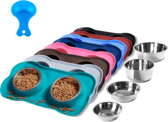 Hubulk Pet Dog Bowls 2 Stainless Steel Dog Bowl with No Spill Non-Skid Silicone Mat + Pet Food Scoop Water and Food Feeder Bowls for Feeding Small Medium Large Dogs Cats Puppies (S, Pink)