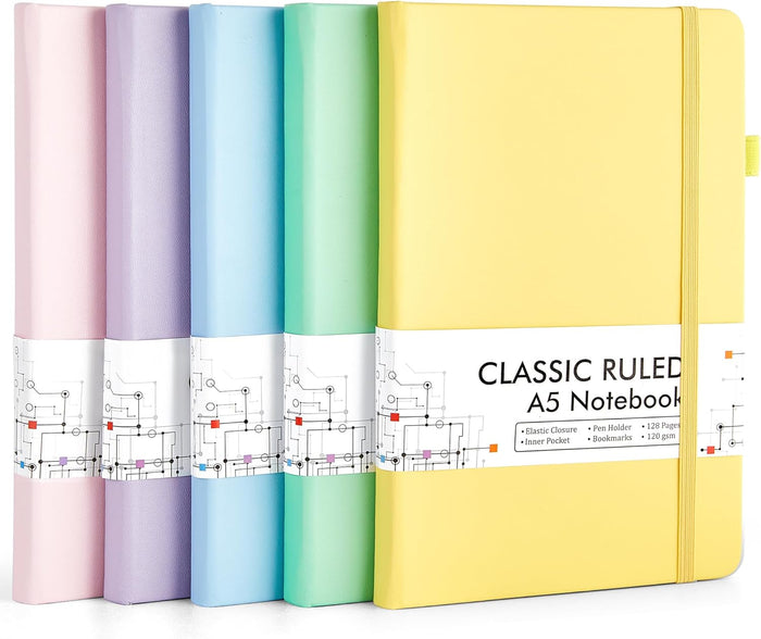 feela 5 Pack Notebooks Journals Bulk, Hardcover Classic Ruled Lined Journals with Pen Holder for Women Girls School Business Supplies, with 5 Black Pens, 120 GSM, 5.1”x8.3”, A5, Mild Colors