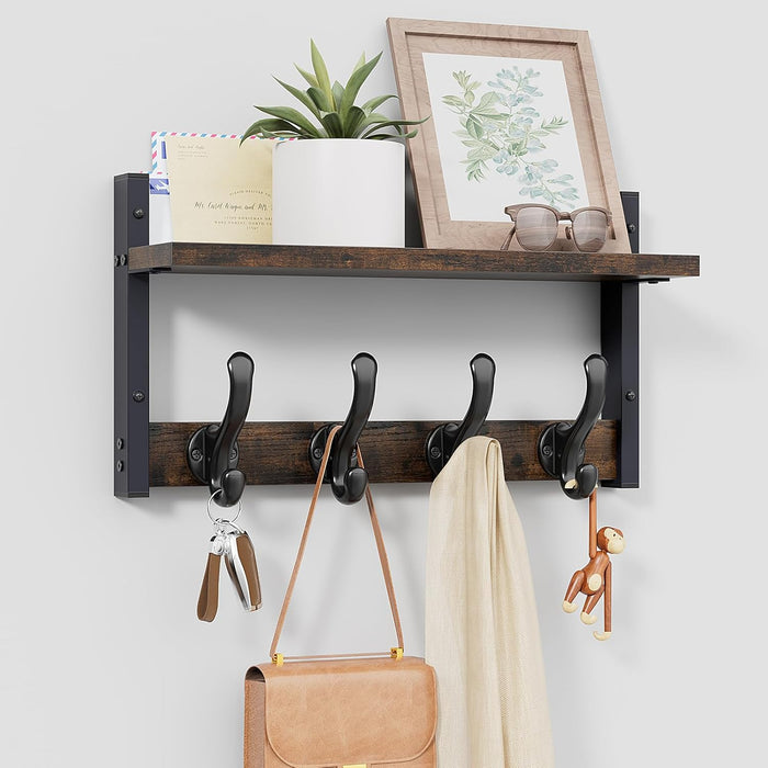 Tatub 29" Rustic Coat Rack Wall Mount with Shelf, Entryway Wall Hooks with Shelf, Coat Hangers for Bathroom, Living Room, Bedroom, Rustic Black
