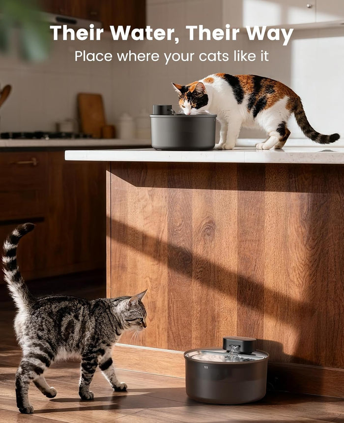 Cat Water Fountain with Stainless Steel Tray: 108oz/3.2L oneisall Wireless Pet Fountain for Cats Indoor, Battery Operated Automatic Water Dispenser for Drinking, Ultra Quiet SilentFlow™, Motion Sensor