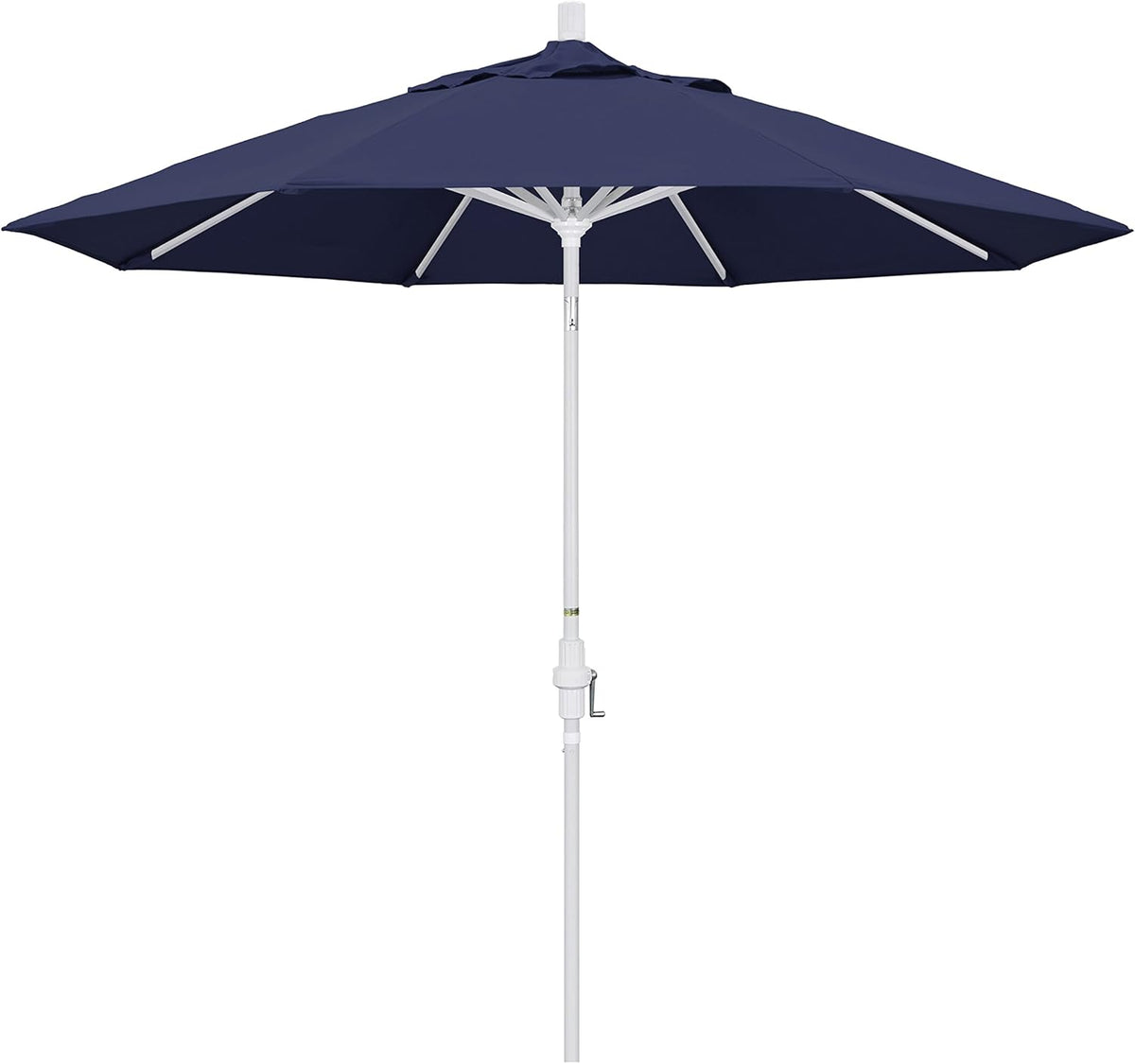 California Umbrella 9' Round Aluminum Market Umbrella, Crank Lift, Collar Tilt, White Pole, Black Olefin