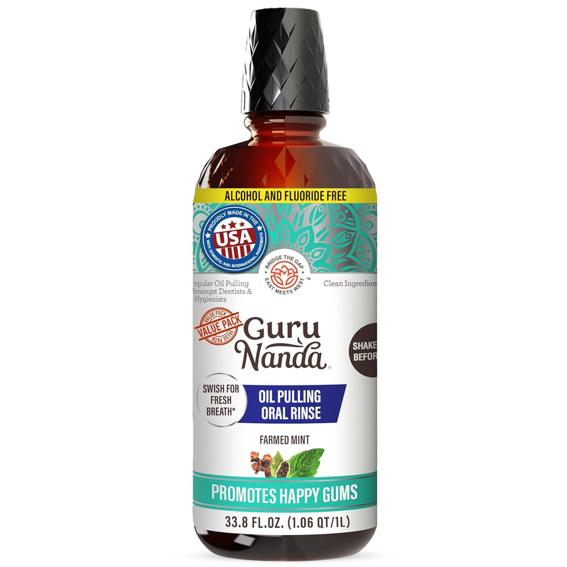 GuruNanda CocoMint Oil Pulling Mouthwash for Complete Oral Hygiene, 7 Essential Oils & Vitamins for Happy Teeth & Gums & Fresh Breath , Alcohol-Free, 8 oz