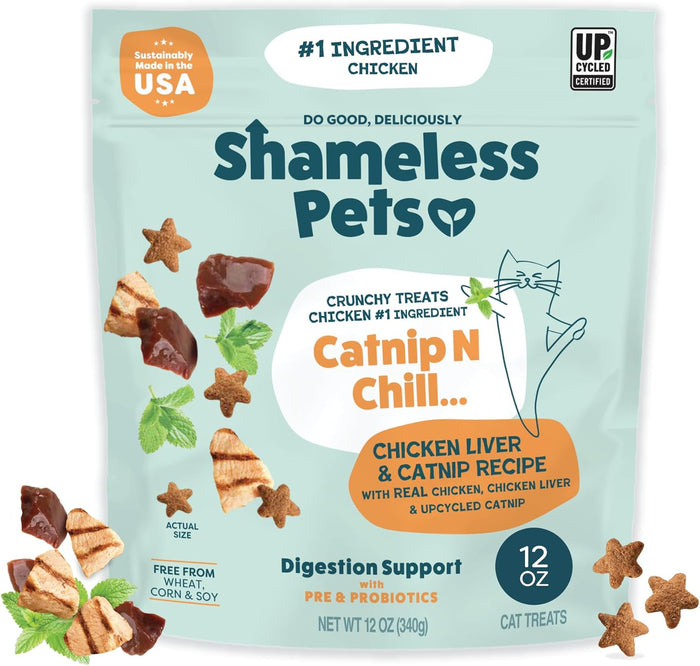 Shameless Pets Crunchy Cat Treats - Catnip Treats for Cats with Digestive Support, Kitten Treats with Real Chicken, Natural & Healthy Flavored Feline Snacks - Catnip N Chill, 1-Pk (12 Oz)