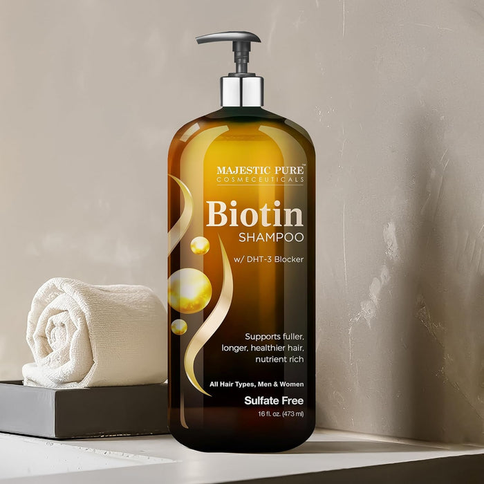Majestic Pure Biotin Shampoo - Volumizing Shampoo for Hair Loss - with DHT-3 Blocker - Hydrating & Nourishing - Sulfate Free, for Men & Women - Thin Hair Shampoo - 16 fl oz
