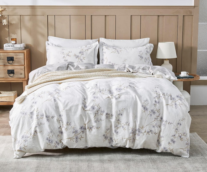 SLEEPBELLA Queen Size Comforter Set Yellow Flowers & Green Botanical Pattern Printed on White 100% Cotton Fabric, Ultra Soft Microfiber Inner Fill 3Pcs Bedding Set