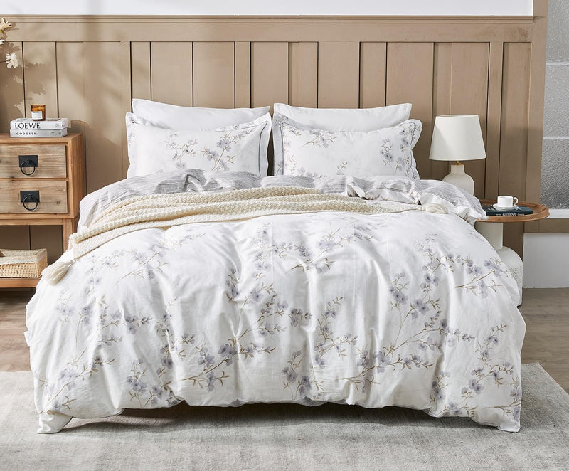 SLEEPBELLA Queen Size Comforter Set Yellow Flowers & Green Botanical Pattern Printed on White 100% Cotton Fabric, Ultra Soft Microfiber Inner Fill 3Pcs Bedding Set