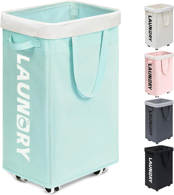 Goodpick Pink Laundry Baskets with Wheels 2-Pack, 75L Rolling Laundry Basket with Removable Wash Bags, Large Laundry Hamper for Corner Dorm, Collapsible Laundry Basket on Wheels