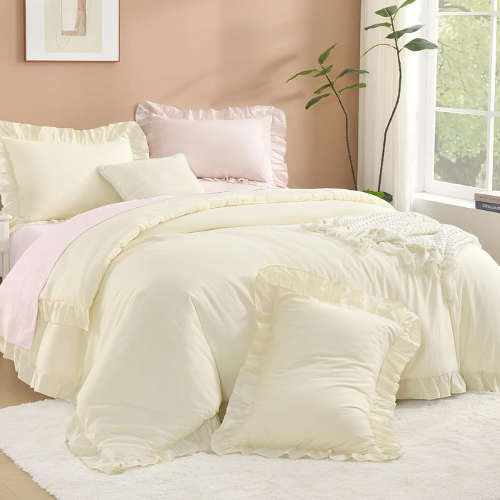 Litanika Full Size Comforter Sets, 3 Pieces Blush Pink Ruffle Girls Women Cute Bedding Comforters & Sets, Lightweight Fluffy Microfiber as Gift (79x90In Comforter & 2 Pillowcases)