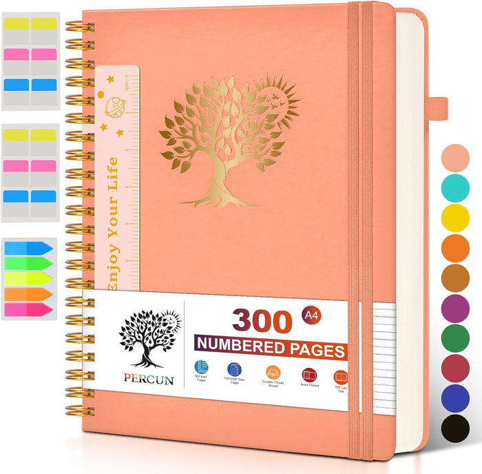 Spiral Notebook Journal for Women Men, 300 Numbered Lined Pages, College Ruled, A5 Hardcover Spiral Bound Notebook for School, Work, Note Taking Writing, Leather Spiral Journal Medium 5.9"x8.5"