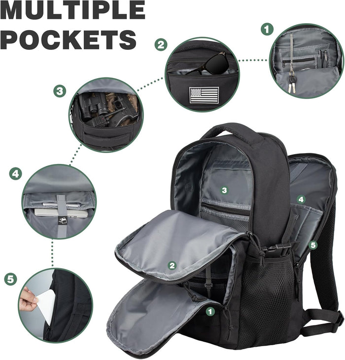 Military Tactical Backpack for Travel Hiking,Black Backpack for Men with Bottle Holder, 30L Small Laptop Backpack for Work, Men's Assault Bag Back Pack