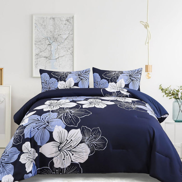 Menghomeus Floral Comforter Set Full Yellow Floral Pattern Printed on Grey - Soft Microfiber Bedding Set Lightweight Boho Bed Comforter Set for All Season, 3 Piece