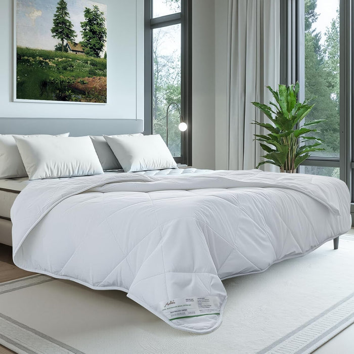 Duvet Insert 100% Cotton Comforter Shell Summer Lightweight, Australian Wool Cotton Filling, Noiseless Temperature Regulation Breathable Comfortable Wool Bedding for Luxurious Sleep Queen Size