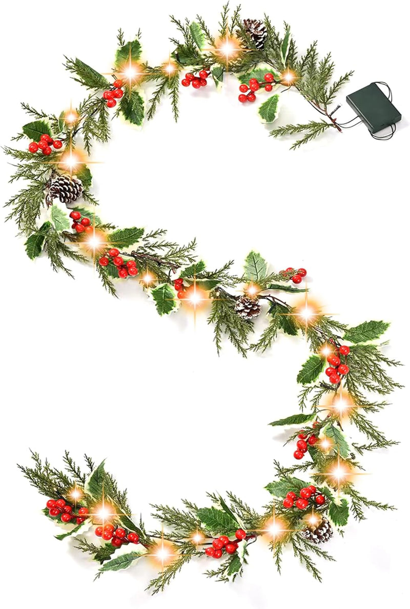 Pine Garland-6FT Christmas Garland,Artificial Evergreen Battery Operated Garland with Lights,Prelit Garland Timer for Mantle Holiday Outdoor Indoor Fireplace Decor