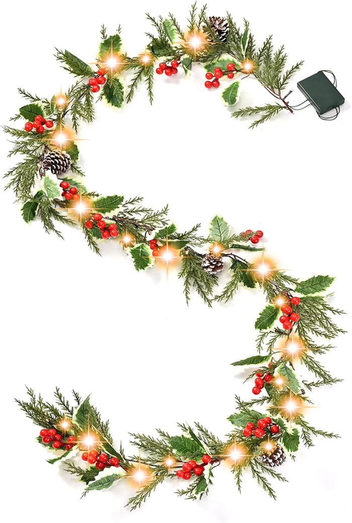 Pine Garland-6FT Christmas Garland,Artificial Evergreen Battery Operated Garland with Lights,Prelit Garland Timer for Mantle Holiday Outdoor Indoor Fireplace Decor