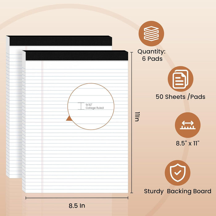 6Packs Legal Pads 8.5 x 11 Inch, 50Sheets/Pack, College Ruled & Perforated White Writing Pads, Pads of Paper 8.5 x 11, Lined Note Pads with Sturdy Backing for Office, Business & School Supplies