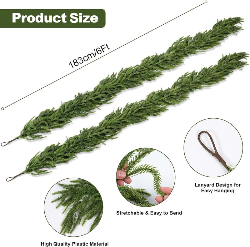Neitra 2 Pcs Artificial Norfolk Pine Garlands, 6 Ft Real Touch Pine Garlands Christmas Garland for Table, Mantle, Stair, Wall, Indoor, Outdoor Christmas Decorations