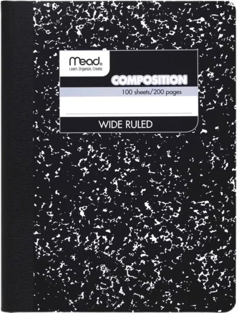 Mead Composition Notebook, 3 Pack, Wide Ruled Paper, 7-1/2" x 9-3/4", 100 Sheets per Comp Book, Black Marble (38301)