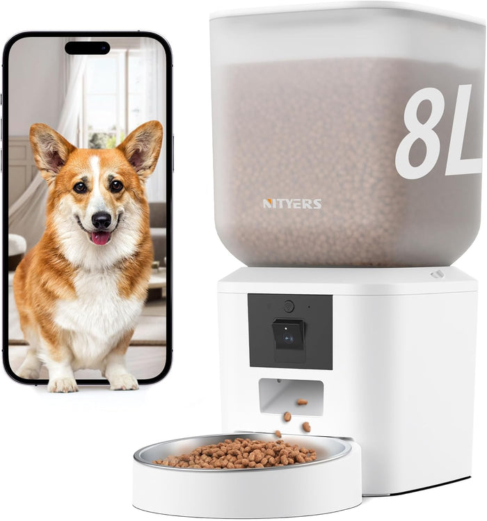 Automatic Dog Feeder - 8L/34 Cups Large Capacity Automatic Cat Food Dispenser with LCD Screen, Large Food Tray, Battery Operated, Timed Cat Feeder, Up to 50 Portions 6 Meals Per Day, Keeps Fresh