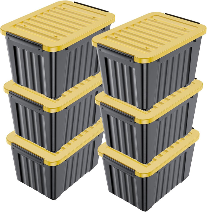 Nazhura 97 Quart Plastic Storage Bin, Stackable and Nestable Storage Boxes with Yellow Lids and Secure Latching Buckles, Large Storage Container (Black/Yellow, 97Quart-4Pack)
