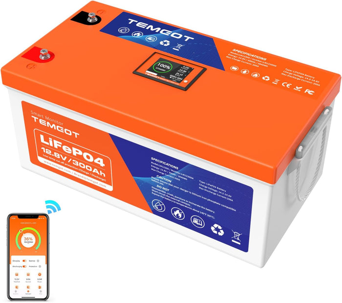 TEMGO 12V 300Ah Self-Heating LiFePO4 Lithium Battery with Smart Touch Screen & Bluetooth App, Built-in 200A BMS, 2560W Power, 5000+ Cycles, for RV, Camper, Solar, Off-Grid