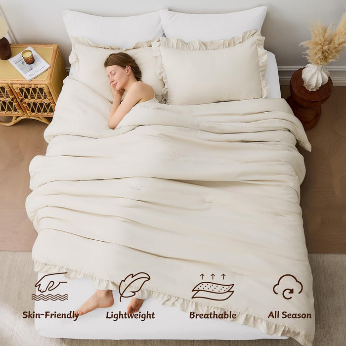 FUANNA Queen Comforter Set Beige 3 Pieces, Ruffle Shabby Chic Queen Bed Set, Fluffy Lightweight Soft Bed in a Bag Queen for All Seasons, Farmhouse Bedding Comforter Sets(1 Comforter & 2 Pillowshams)