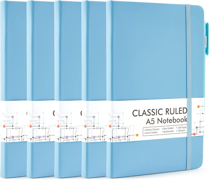 feela 5 Pack Notebooks Journals Bulk, Hardcover Classic Ruled Lined Journals with Pen Holder for Women Girls School Business Supplies, with 5 Black Pens, 120 GSM, 5.1”x8.3”, A5, Mild Colors