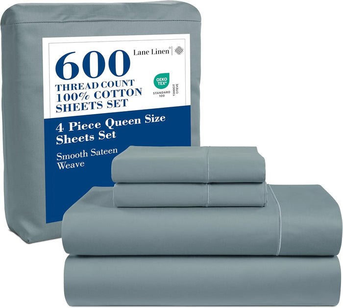 LANE LINEN 600 TC 100% Mercerized Cotton Machine Wash Full Size Bed Sheets Set, Fully Elasticized Fitted Sheet, European Closure Pillow Cases, Z Hem Top Sheet, Soft & Comfy Sheets- Charcoal