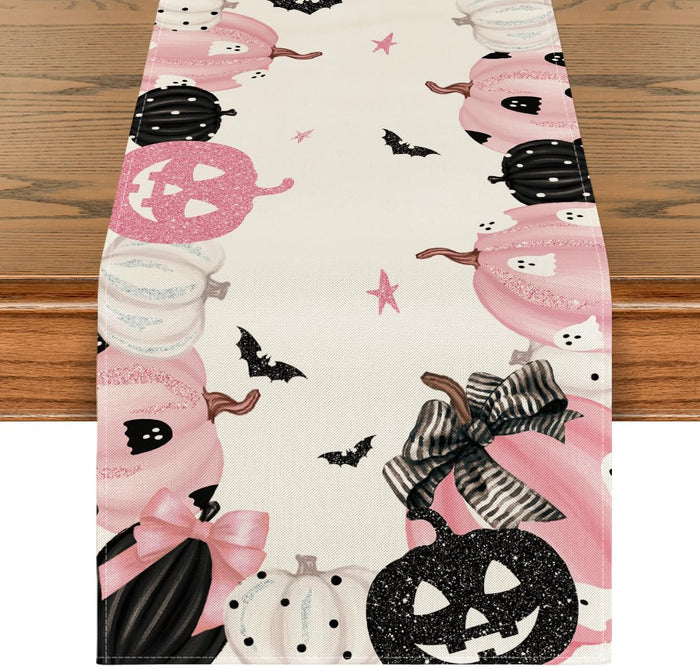 Artoid Mode Pink Jack-O-Lantern Pumpkin Bat Halloween Table Runner, Holiday Kitchen Dining Table Decoration for Indoor Outdoor Home Party Decor 13 x 72 Inch