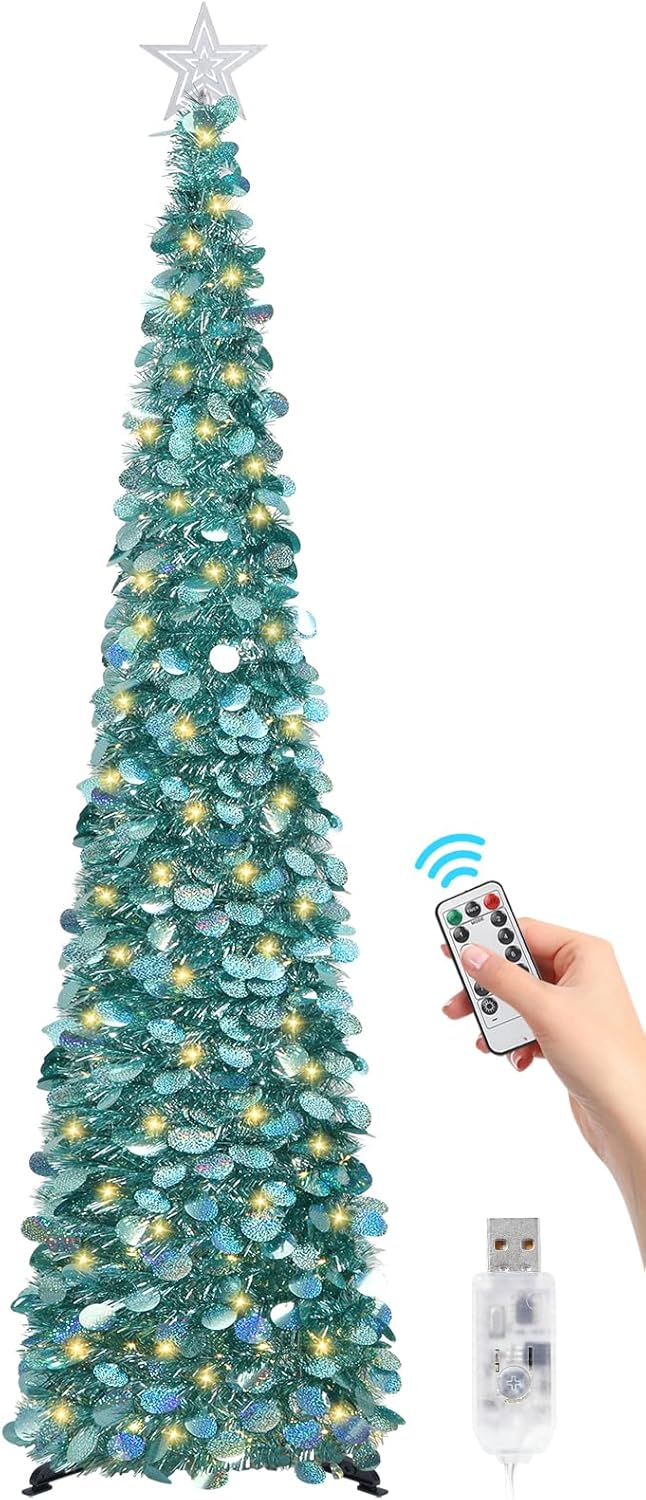 6 FT Pop Up Christmas Tree with 100 LED Timer Lights & Remote, White Collapsible Christmas Tinsel Tree Artificial Pencil Tree Xmas Decoration for Holiday Home Office Party, USB Powered