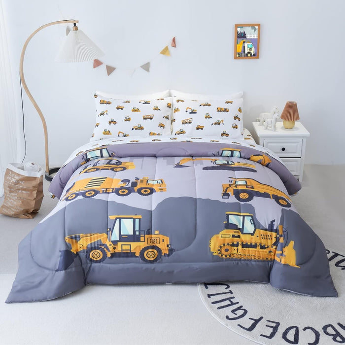 Cokouchyi Twin Size Comforter Set for Boys, 4-Piece Bed in a Bag, 3D Construction Bedding Comforter Sheet Set, Ultra Soft and Fluffy, Cartoon Truck Cars